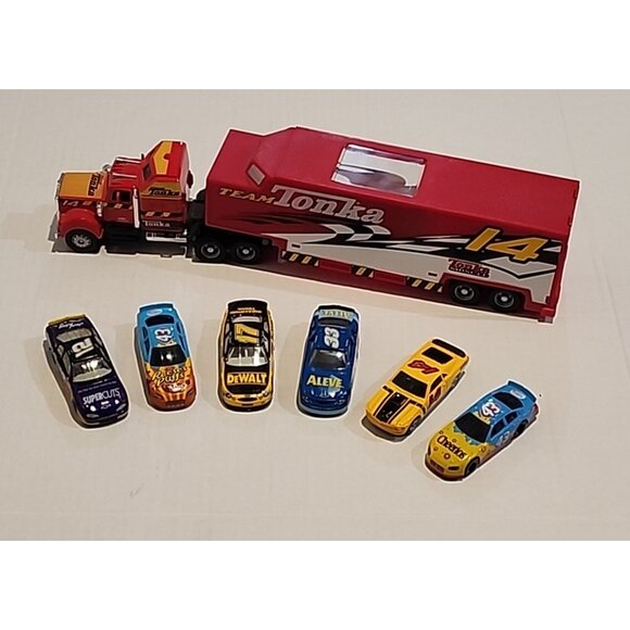 TONKA 14 Red Tractor trailer diecast metal race Car Carrier hauler + Hot wheels - Picture 1 of 16